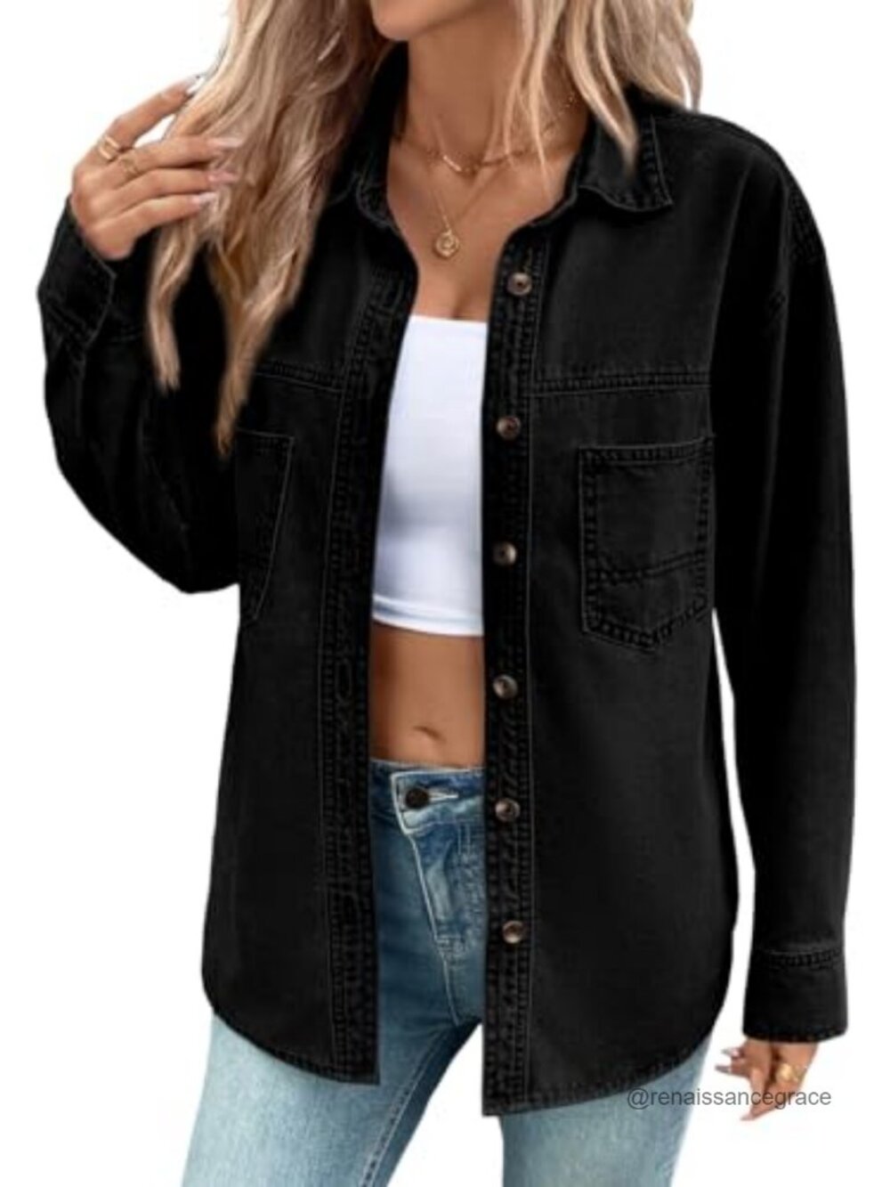 Women's Oversized Denim Button Down Shirt Long Sleeve V-Neck